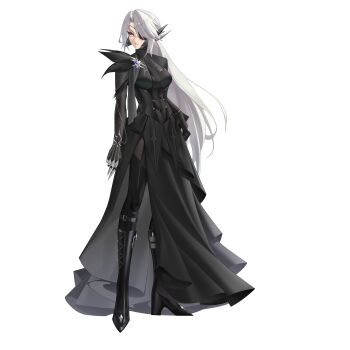 1girl absurdres belt bodystocking boots breasts brooch chain chest_belt choker commission commissioner_upload covered_abs covered_navel dress eyelashes eyepatch feathers full_body gloves goth_fashion grey_eyes hair_over_one_eye hand_on_own_hip high_heel_boots high_heels highres jewelry lace lace_gloves large_breasts leg_belt light_frown long_bangs long_hair lydia_macarthur mature_female mechanical_ears multiple_belts muscular muscular_female non-web_source original petite ponytail rhan scar scar_on_face side_slit solo thighs torn_clothes transparent_background white_hair