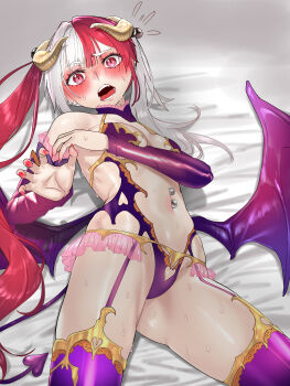 1girl absurdres bare_shoulders blue_notuki blush breasts center_opening cosplay demon_horns demon_tail demon_wings detached_sleeves fate/grand_order fate_(series) garter_belt gold_trim hair_bobbles hair_ornament highleg highleg_leotard highres horns irisviel_von_einzbern irisviel_von_einzbern_(halloween_princess) irisviel_von_einzbern_(halloween_princess)_(cosplay) leotard long_hair looking_at_viewer lying matsunaga_hisahide_(fate) multicolored_hair navel open_mouth purple_leotard purple_thighhighs red_eyes red_hair small_breasts solo split-color_hair tail thighhighs thighs twintails white_hair wings