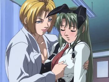 00s 2001 2girls age_difference animal_ears animated animated_gif bible_black bible_black_night_of_the_walpulgiss blonde_hair breasts breasts_squeezed_together fake_ears grabbing_another&#039;s_breast green_hair groping ito_mika kitami_reika large_breasts long_hair mind_control multiple_girls nipple_stimulation nipple_tweak nurse older_female_and_younger_female rabbit_ears school_nurse school_nurse_and_student tagme teacher teacher_and_student yuri