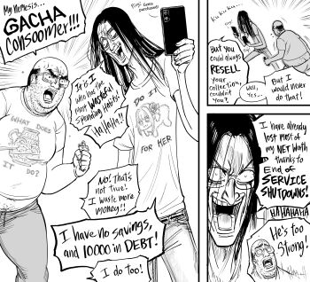 Rule 34 | 2boys, absurdres, bald, bb (baalbuddy), cellphone, denim, doro (nikke), dual wielding, english text, fat, fat man, glasses, highres, holding, jeans, long hair, multiple boys, original, pants, phone, pot of greed, shirt, shouting, skinny, speech bubble, surprised, sweat, t-shirt