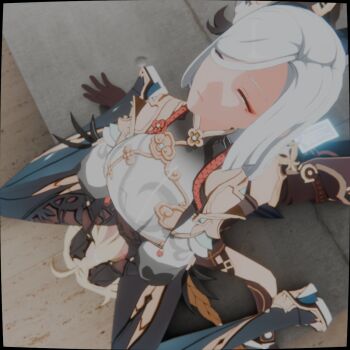 Rule 34 | 1boy, 1girl, 3d, aether (genshin impact), assertive female, b-banto, blonde hair, bodysuit, brown gloves, day, face in ass, femdom, from above, genshin impact, gloves, hand on another's head, head between thighs, highres, long hair, self-upload, shenhe (genshin impact), sitting, sitting on face, sitting on person, smother, thighs, white hair