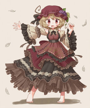 1girl aki_minoriko alternate_costume arinu barefoot blonde_hair blush dress embellished_costume female_focus food food-themed_hair_ornament frilled_dress frills fruit grape_hair_ornament grapes grey_background hair_ornament hat highres leaf_hair_ornament looking_at_viewer mob_cap open_mouth outstretched_arm red_eyes simple_background solo touhou wide_sleeves