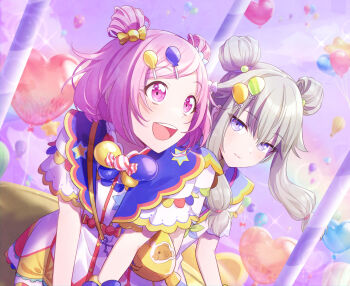 2girls akabino animal_print bag balloon bow bowtie buckle candy candy_hair_ornament carousel closed_mouth cloud cloudy_sky colorful day dot_nose double_bun double_horizontal_stripe dutch_angle facing_viewer fish_print food food-themed_hair_ornament glint grey_hair hair_bun hair_ornament hairclip handbag heart_balloon highres kusanagi_nene lens_flare light_blush light_smile long_hair looking_afar looking_at_another low-tied_long_hair multicolored_bow multicolored_bowtie multiple_girls ootori_emu open_mouth outdoors pink_eyes pink_hair project_sekai purple_eyes purple_sky rainbow short_hair short_sleeves sky star_(symbol) star_balloon star_print string_of_flags swept_bangs tareme teeth tsurime twintails two-tone_bow two-tone_bowtie two_side_up upper_body upper_teeth_only v_arms wide-eyed wide_sleeves wing_collar
