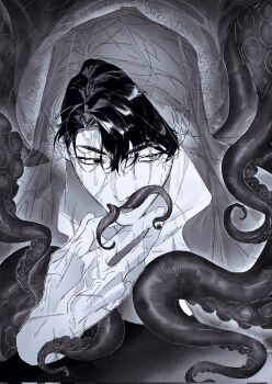 1boy black_hair cloak curtained_hair dripping greyscale hand_on_own_face heterochromia highres hood hood_up hooded_cloak male_focus monochrome mouth_tentacles multiple_scars omniscient_reader&#039;s_viewpoint owlaoao scar scar_across_eye scar_on_face scar_on_hand secretive_plotter short_hair solo tentacles upper_body yoo_joonghyuk