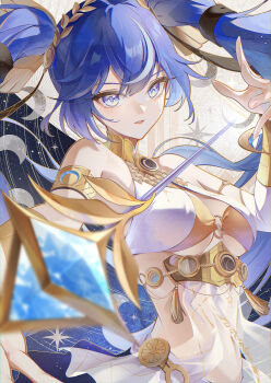 Rule 34 | 1girl, absurdres, armlet, bare shoulders, blue eyes, blue hair, blurry, blurry foreground, breasts, chigusa7h, commentary, gold bra, hair belt, highres, iuno (wuthering waves), jewelry, laurel crown, long hair, looking at viewer, medium breasts, multicolored hair, navel, parted lips, solo, stomach, streaked hair, twintails, underboob, upper body, very long hair, wuthering waves
