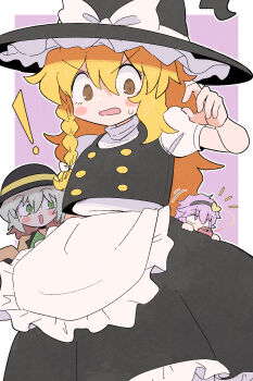! 3girls apron black_hairband black_hat black_skirt black_vest blonde_hair border bow braid braided_sidelock brown_eyes collar commentary_request cowboy_shot dot_nose double-parted_bangs fossilized_wonders frilled_shirt_collar frilled_skirt frills gold_buttons green_collar green_eyes green_hair hair_between_eyes hair_bow hair_ornament hairband hat hat_bow hat_ribbon heart heart_hair_ornament highres in_pocket kirisame_marisa komeiji_koishi komeiji_satori kurachi_mizuki long_hair looking_down mini_person minigirl motion_lines multiple_girls notice_lines open_mouth outline pink_hair puffy_short_sleeves puffy_sleeves purple_background purple_eyes ribbon shirt short_sleeves simple_background size_difference skirt smile squinting sweatdrop third_eye touhou v-shaped_eyebrows vest white_border white_bow white_outline white_ribbon white_shirt witch_hat yellow_bow yellow_ribbon yellow_shirt