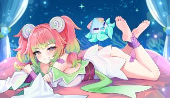 1girl ass barefoot breasts commission dress eyelashes gradient_hair green_hair hair_ornament highres jirafuru long_hair lying multicolored_hair on_stomach pink_hair purple_eyes shell shell_hair_ornament short_dress smile stronny_cuttles symbol-shaped_pupils the_pose vallure virtual_youtuber white_dress