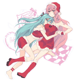2girls absurdres alternate_costume alternate_hairstyle ankle_strap aqua_eyes aqua_hair arm_tattoo bandana bandeau bare_arms bare_shoulders black_ribbon blue_eyes boots breast_press breasts cheek_press christmas closed_mouth commentary_request couple double-parted_bangs dress expressionless face_to_breasts full_body fur-trimmed_bandeau fur-trimmed_boots fur-trimmed_wrist_cuffs fur_trim hair_between_eyes hat hatsune_miku heart heart-shaped_pillow highres holding_hands knee_boots legs_folded long_hair looking_at_viewer lying medium_breasts megurine_luka mewreck midriff miniskirt multiple_girls neck_ribbon number_tattoo off-shoulder_bandeau off_shoulder on_side one_eye_closed one_side_up parted_lips pillow pillow_writing pink_hair pom_pom_(clothes) reclining red_bandana red_boots red_dress red_ribbon red_skirt red_tattoo red_wrist_cuffs ribbon santa_costume santa_dress santa_hat short_dress simple_background single_bare_foot single_bare_leg single_boot skirt skirt_set strapless strapless_dress tattoo triangle_mouth tube_dress very_long_hair vocaloid white_background wrist_cuffs yuri