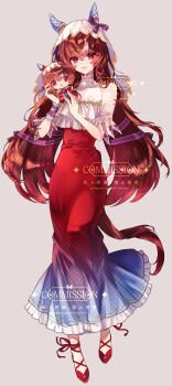 1girl absurdres alternate_costume animal_ears blue_dress brown_hair character_doll commission doll dress full_body gradient_clothes gradient_dress grey_background hair_between_eyes hair_ribbon hands_up hashtag-only_commentary highres holding holding_doll horse_ears horse_girl horse_tail long_hair looking_at_viewer purple_ribbon red_dress red_eyes red_ribbon red_shoes ribbon shoes short_sleeves simple_background solo standing still_in_love_(umamusume) tail tight_clothes tight_dress tuwu_(user_yvte3782) umamusume veil watermark watermark_grid white_veil