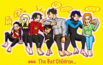 ... 3girls 4boys barbara_gordon barefoot bat_symbol batgirl batman_(series) belt black_bat black_hair blonde_hair blue_eyes bodysuit brother_and_sister brothers cape cassandra_cain damian_wayne dc_comics dick_grayson family glasses goshoku jason_todd kuronegro multiple_boys multiple_girls nightwing oracle oracle_(dc) orange_hair red_hood_(dc) red_robin robin_(dc) siblings sitting stephanie_brown tim_drake yellow_background
