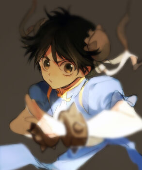 1boy alternate_costume black_hair blue_dress bracelet bun_cover chinese_clothes chun-li_(cosplay) cosplay crossdressing crossdressing_(mtf) dress fighting_stance highres jewelry ki_(pixiv16186949) looking_at_viewer male_focus puffy_sleeves short_hair solo upper_body urameshi_yuusuke yuu_yuu_hakusho