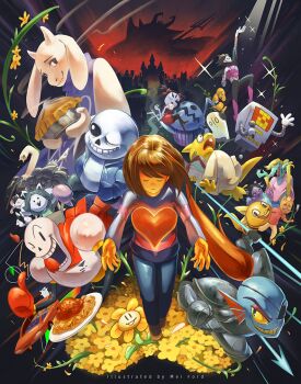 1other 4boys 6+girls alphys annoying_dog arm_up armor asgore_dreemurr blue_jacket book bratty_(undertale) brown_hair burgerpants butterscotch_pie castle cat_boy cat_girl catty_(undertale) cigarette colored_skin crocodile_girl eyepatch flower flowey_(undertale) food furry furry_female furry_male greater_dog grid_teeth hands_in_pockets headphones heart holding holding_book holding_food holding_microphone jacket light_rays mad_dummy_(undertale) mei_ford mettaton mettaton_(box) mettaton_ex microphone monster_kid_(undertale) muffet muffet&#039;s_pet multiple_boys multiple_girls napstablook open_mouth orange_skin papyrus_(undertale) pasta path pie red_sky reptile_girl road shirt skeleton sky smoking spaghetti sparkle striped_clothes striped_shirt sunbeam sunlight temmie thumbs_up toriel undertale undyne utdr_(toby_fox) yellow_flower