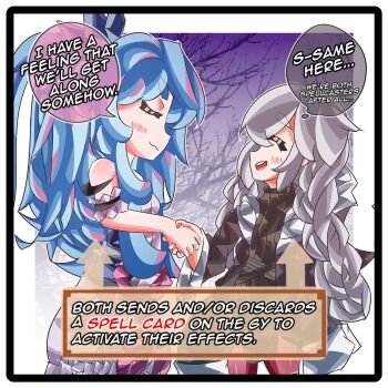 2girls astellar_of_the_white_forest closed_eyes diabellstar_the_black_witch duel_monster forest handshake highres multicolored_hair multiple_girls nature open_mouth rilliona_(yu-gi-oh!) sendencea smile uwu white_hair witchcrafter_madame_verre yu-gi-oh! yu-gi-oh!_master_duel