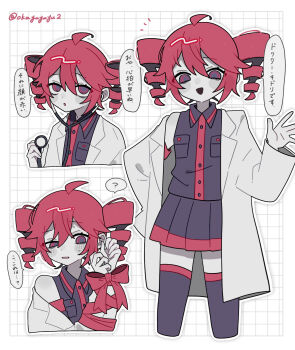 1girl :d :o ? ahoge arm_ribbon black_shirt black_skirt black_thighhighs blush_stickers bound bound_wrists breast_pocket buttons collared_shirt commentary_request cropped_legs cropped_torso dot_nose double-parted_bangs drill_hair grid_background hair_between_eyes hand_up highres kasane_teto kasane_teto_(utau) lab_coat long_sleeves looking_at_viewer miniskirt multiple_views notice_lines okayu_(okayuyuyu2) open_mouth outline pale_skin parted_lips pleated_skirt pocket red_eyes ribbon shirt sidelocks skirt sleeveless sleeveless_shirt smile speech_bubble spoken_question_mark stethoscope thighhighs translation_request twin_drills twitter_username utau white_background white_outline zettai_ryouiki