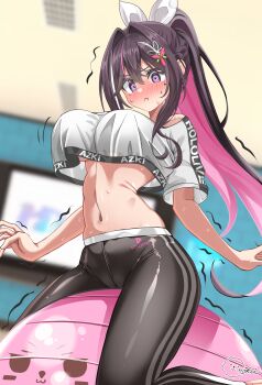 1girl absurdres azki_(hololive) ball bare_shoulders black_pants blurry blurry_background blush bow breasts brown_hair cropped_shirt exercise_ball hair_bow highres hololive indoors inokeiwd large_breasts looking_at_viewer navel on_ball pants pink_hair ponytail purple_eyes shirt short_sleeves sitting_on_ball solo stomach sweat trembling virtual_youtuber white_bow white_shirt yoga_pants