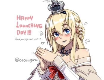 1girl blonde_hair blue_eyes blush braid commentary_request crown dress english_text flower flying_sweatdrops hair_between_eyes hairband half_up_braid headgear jewelry kantai_collection long_hair long_sleeves mini_crown necklace off-shoulder_dress off_shoulder open_mouth oso_(toolate) own_hands_together red_flower red_rose rose simple_background smile solo twitter_username upper_body warspite_(kancolle) white_background white_dress