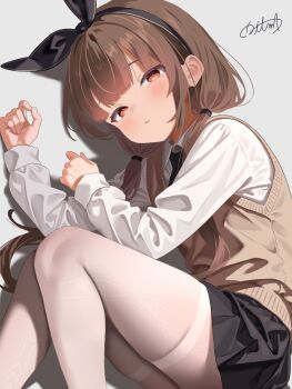 1girl absurdres black_skirt blush bow brown_eyes brown_hair hair_bow hairband highres ikuma_yamashita necktie original pantyhose school_uniform signature skirt thighband_pantyhose white_background white_pantyhose
