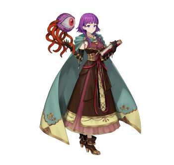 1girl absurdres black_gloves book cape cloak commentary elbow_gloves english_commentary fire_emblem fire_emblem:_the_sacred_stones fire_emblem_heroes gloves green_cape green_cloak hair_over_shoulder high_heels highres holding holding_book hood hooded_cloak looking_at_viewer lute_(fire_emblem) lute_(limitless_curiosity)_(fire_emblem) medium_hair mogall monster nintendo noma_takafumi official_alternate_costume official_art purple_eyes purple_hair second-party_source solo tachi-e