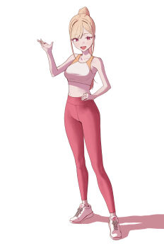 Rule 34 | 1girl, bare shoulders, blonde hair, collarbone, gyaru, highres, kitagawa marin, leggings, multicolored hair, nmm, red eyes, sidelocks, simple background, solo, sono bisque doll wa koi wo suru, sports bra, sportswear, swept bangs, white background