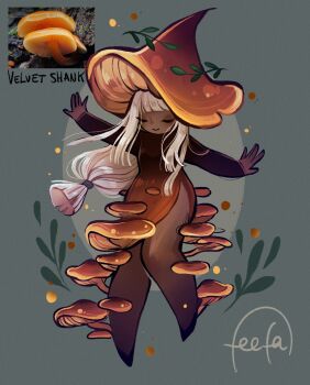 Rule 34 | 1girl, blunt bangs, blunt ends, blunt sidelocks, closed eyes, dark-skinned female, dark skin, dress, english text, eyeshadow, feefal, full body, funguary, hat, highres, long hair, low-tied long hair, makeup, mushroom, mushroom girl, mushroom hat, object and personification, original, personification, photo inset, reference inset, sidelocks, signature, smile, solo, white hair, witch, witch hat
