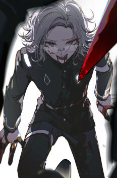 Rule 34 | 2boys, absurdres, accookie, aotsuki eito, armband, black jacket, black pants, blood, blood from mouth, blood on clothes, blood on eyewear, blood on gloves, commentary, english commentary, evil grin, evil smile, eyeliner, gakuran, glasses, gloves, grey hair, grin, highres, invisible floor, jacket, last defense academy school uniform, looking at viewer, looking over eyewear, makeup, male focus, multiple boys, open mouth, out of frame, pants, pov, purple eyes, red eyeliner, school uniform, short hair, sitting, smile, solo focus, spoilers, sumino takumi, sword, the hundred line -last defense academy-, upturned eyes, variant set, weapon, white armband, white background, white gloves