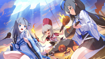Rule 34 | 3girls, absurdres, ahoge, black gloves, black hair, blue eyes, blue kimono, bone, breasts, burning, campfire, chef hat, chewing, closed mouth, cloud, cloudy sky, cracked ceiling, dot nose, eating, exposed bone, eyebrows hidden by hair, fire, flat top chef hat, food, fur trim, gloves, grey hair, hair between eyes, hat, highres, holding, holding plate, japanese clothes, kimono, kneehighs, light rays, long hair, long sleeves, low ponytail, manda (luts7602), meat, medium breasts, molotov cocktail, multiple girls, nontraditional miko, open mouth, orange eyes, original, plate, ponytail, red hat, rotisserie, scared, seiza, sitting, sky, small breasts, smile, smoke, smokestack, socks, thighs, wide sleeves, x x