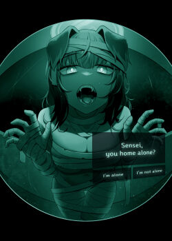 1girl animal_ears bandage_on_hair bandaged_arm bandaged_chest bandaged_hand bandaged_head bandaged_leg bandages blue_archive breasts cosplay dialogue_box dialogue_options dog_ears dog_girl english_text halloween_costume halo hibiki_(blue_archive) highres large_breasts mummy_costume naked_bandage navel nickname25 night_vision no_i&#039;m_not_a_human open_mouth pov_peephole solo yoshimi_(blue_archive) yoshimi_(blue_archive)_(cosplay) yoshimi_(halloween)_(blue_archive)