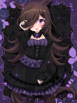 Rule 34 | 1girl, absurdres, animal ears, black background, black dress, blush, brown hair, commentary request, dress, fraiisiemimi, frilled dress, frills, gothic lolita, hair over one eye, highres, horse ears, horse girl, horse tail, lolita fashion, long hair, long sleeves, looking at viewer, purple eyes, rice shower (umamusume), solo, sweatdrop, tail, umamusume