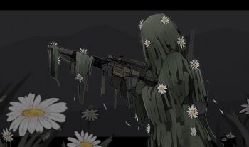 1other black_gloves black_hair chamomile commentary english_commentary flower ghillie_suit gloves gun highres holding holding_gun holding_weapon original painicing rifle scope sniper_rifle solo standing upper_body weapon