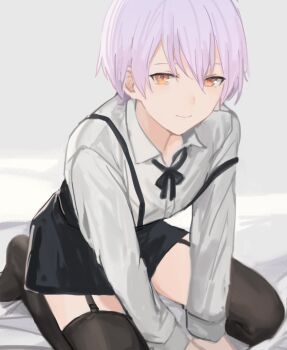 1boy all_fours barefoot black_ribbon black_skirt black_thighhighs closed_mouth collarbone collared_shirt commentary_request crossdressing crossdressing_(mtf) hair_between_eyes highres long_sleeves looking_at_viewer male_focus neck_ribbon on_bed orange_eyes original partial_commentary purple_hair purple_hair_boy_(sunaba_(nczd5875)) ribbon shirt short_hair skirt smile solo sunaba_(nczd5875) suspender_skirt suspenders thighhighs thighs trap white_shirt