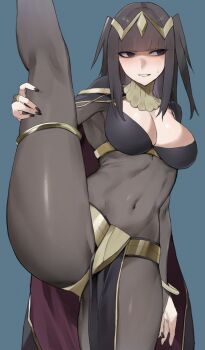 1girl absurdres arm_at_side black_eyes black_hair blunt_bangs blush bodystocking breasts cape circlet cleavage covered_navel feet_out_of_frame female_focus fingernails fire_emblem fire_emblem_awakening fire_emblem_heroes gorget highres jewelry kataku_musou leg_hold leg_up long_hair matching_hair/eyes medium_breasts nail_polish nintendo parted_lips pelvic_curtain shaded_face sidelocks sideways_glance skin_tight solo split standing standing_on_one_leg standing_split sweatdrop tharja_(fire_emblem) thighlet thighs two_side_up