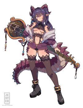 1girl ankle_boots black_boots boots breasts cardigan commission detached_sleeves dragon_horns dragon_tail full_body guitar hair_between_eyes high_heel_boots high_heels highres horns instrument jesternalagon jewelry lace lace-trimmed_thighhighs lace_trim lingerie long_hair long_sleeves looking_at_viewer navel open_cardigan open_clothes original oversized_sweater pointy_ears purple_eyes purple_hair scales sidelocks small_breasts solo standing sweater tail thighhighs underboob underwear white_background zipper