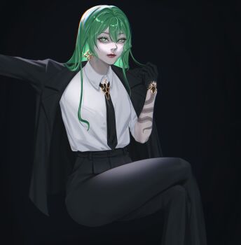 1girl arm_tattoo black_background black_gloves black_jacket black_necktie black_pants closed_mouth collared_shirt commentary dr.gogoleva earrings english_commentary formal_clothes gloves green_eyes green_hair highres honkai_(series) honkai_impact_3rd invisible_chair jacket jewelry lips long_hair looking_at_viewer mobius_(honkai_impact) necktie pants red_lips shirt single_earring sitting slit_pupils solo tattoo white_shirt