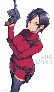 1girl ada_wong arm_under_breasts black_eyes black_gloves black_hair black_thighhighs bob_cut breasts character_name closed_mouth curtained_hair gloves gun half_gloves handgun highres holding holding_gun holding_weapon holster holstered large_breasts long_sleeves looking_at_viewer mauser_c96 meme50 parted_bangs red_sweater resident_evil resident_evil_4 resident_evil_4_(remake) short_hair shoulder_holster smile solo sweater thighhighs turtleneck turtleneck_sweater twitter_username weapon white_background