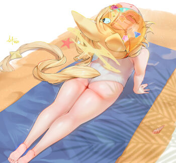 animal_ear_fluff animal_ears arched_back barefoot beach_towel blue_archive cross_halo fox_ears fox_girl from_above full_body halo highres loli long_hair official_alternate_costume official_alternate_hairstyle one-piece_swimsuit orange-tinted_eyewear seia_(blue_archive) seia_(swimsuit)_(blue_archive) side_ponytail stretching sunglasses swimsuit tinted_eyewear towel uzda_ricecake visor_cap white_one-piece_swimsuit yellow_halo yellow_visor