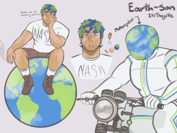 Rule 34 | 1boy, artist request, bara, bored, collage, cropped torso, earth-chan, earth-san, earth (planet), earth day, english text, expressionless, face piercing, facial hair, full body, genderswap, genderswap (ftm), giant, giant male, green hair, highres, lip piercing, male focus, motor vehicle, motorcycle, multicolored hair, muscular, muscular male, nasa, object head, on motorcycle, original, pectorals, piercing, planet, print shirt, shirt, short hair, short shorts, shorts, sideburns stubble, sparse stubble, straight-on, stubble, t-shirt, thick eyebrows, two-tone hair