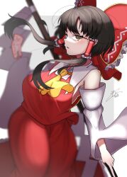 Rule 34 | 1girl, ascot, bare shoulders, blurry, blurry background, breasts, brown eyes, brown hair, commentary request, detached sleeves, expressionless, frilled hair tubes, frilled ribbon, frills, gohei, hair ribbon, hair tubes, hakurei reimu, highres, kaitojaja19980520, looking at viewer, nontraditional miko, parted lips, red shirt, red skirt, ribbon, shirt, short hair with long locks, sideboob, signature, simple background, skirt, solo, talisman, touhou, watermark, white background, wide sleeves, yellow ascot