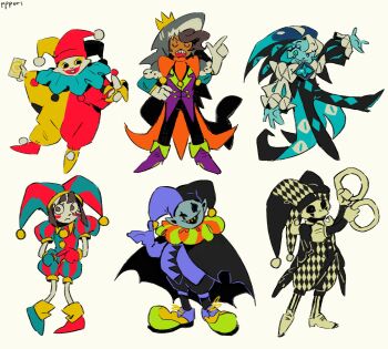 1girl 5boys balatro black_hair card character_request checkered_clothes clown clown_boy colored_skin commentary cookie_run cookie_run:_kingdom copyright_request deltarune english_commentary food foog_(ppppppuri) hat highres holding holding_card holding_food jester jester_boy jester_cap jevil jimbo_(balatro) minecraft_youtube multiple_boys pestrica pom_pom_(clothes) pomni_(the_amazing_digital_circus) real_life shadow_milk_cookie striped_clothes the_amazing_digital_circus the_realm_smp utdr_(toby_fox) white_background white_skin