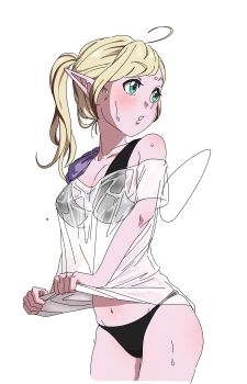 1girl absurdres ahoge aqua_eyes bikini black_bikini blonde_hair bow breasts cleavage clothes_pull colored_skin commentary cowboy_shot dragon_quest dragon_quest_x elf_(dq10) fairy_wings highres hip_bones large_breasts looking_to_the_side nanamono_0414 navel pink_skin pointy_ears ponytail purple_bow see-through_clothes see-through_shirt shirt shirt_pull skindentation solo swimsuit symbol-only_commentary wet wet_clothes wet_shirt white_background white_shirt wings