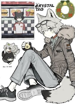 1boy 2boys animal_ears checkered_floor coyotetaodog eyewear_on_head food fur_trim goggles highres jacket leopard_ears leopard_tail long_sleeves male_focus multiple_boys original pants shoes sitting sneakers tail