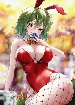 1girl blackjack_table blurry breasts casino depth_of_field fishnet_pantyhose fishnets green_eyes highres kazami_yuuka large_breasts leotard looking_at_viewer pantyhose playboy_bunny red_eyes red_leotard shironeko_yuuki short_hair sitting sitting_on_table solo table thighs touhou