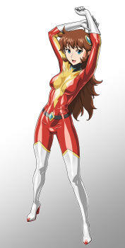 absurdres arms_up blue_eyes bodysuit boots breasts brown_hair gloves grendizer_u high_heel_boots highres long_hair maria_grace_fleed mazinger_(series) medium_breasts thigh_boots ufo_robo_grendizer