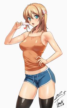 Rule 34 | 1girl, absurdres, aqua eyes, armpit crease, bare arms, black thighhighs, blonde hair, blue shorts, blush, breasts, camisole, commentary request, dolphin shorts, food, hair between eyes, hand on own hip, highres, holding, holding food, holding popsicle, kamimura chika, looking at viewer, medium breasts, melting popsicle, open mouth, orange camisole, panties, panty peek, perky breasts, popsicle, revision, shorts, signature, simple background, sisters ~natsu no saigo no hi~, solo, sweat, thighhighs, thighs, two side up, underwear, white background, white panties, yoo tenchi