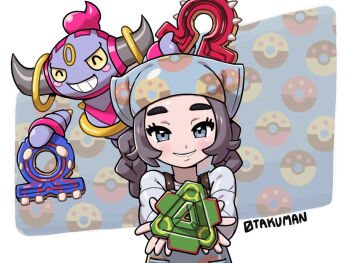 Rule 34 | 1girl, ansha (pokemon), artist name, blue eyes, blue headscarf, blush, braid, character-themed food, closed eyes, commentary, donut, donut background, donut print, english commentary, eyelashes, food, food print, gen 3 pokemon, gen 6 pokemon, grey hair, grin, groudon, headscarf, holding, holding donut, holding food, hoopa, hoopa (confined), horns, kyogre, legendary pokemon, long sleeves, looking at viewer, mythical pokemon, nintendo, otakuman, pokemon, pokemon legends: z-a, print headwear, rayman limbs, rayquaza, smile, teeth, thick eyebrows, upper body