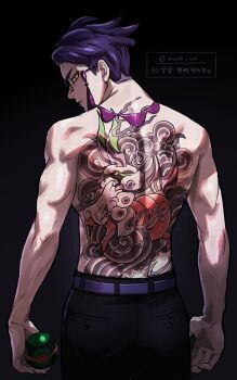 1boy back_tattoo belt black_background black_pants corbeau_(pokemon) dusk_ball from_behind glasses highres holding holding_poke_ball looking_back male_focus nintendo pants parted_lips poke_ball pokemon pokemon_legends:_z-a purple_belt purple_hair rott_ur short_hair solo standing tassel tattoo toned toned_male topless_male watermark yellow_eyes