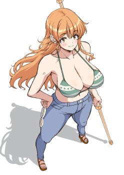 1girl bikini blush breasts brown_eyes cleavage closed_mouth collarbone commentary_request denim foreshortening full_body green_bikini hand_on_own_hip highres jeans kojirou! large_breasts legs_apart long_hair looking_at_viewer nami_(one_piece) one_piece orange_hair pants sandals simple_background smile solo standing striped_bikini striped_clothes swimsuit sword toes weapon white_background white_bikini wooden_sword