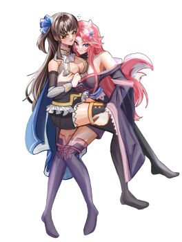 2girls absurdres animal_ears artist_request blue_cape blue_eyes blush bow brown_hair cape ceri_(sakura_dungeon) commission commissioner_upload embarrassed flying_sweatdrops fox_ears fox_girl fox_tail full_body grabbing_another&#039;s_breast green_eyes groping hair_bow hand_on_another&#039;s_thigh highres japanese_clothes kimono multiple_girls non-web_source pink_hair sakura_dungeon sitting sitting_on_lap sitting_on_person tail thighhighs yomi_(sakura_dungeon) yuri