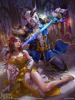 1boy 1girl 2023 anklet arm_support armor armored_boots artist_name asymmetrical_dress bare_shoulders belt between_legs blue_jacket blue_pants blue_sword boots braid breasts brown_hair candle center_frills character_request cleavage closed_mouth colored_skin copyright_logo copyright_name copyright_notice crying curtains dated demon_boy demon_horns dress dutch_angle elbow_gloves fantasy floating_clothes flower frilled_sleeves frills frown full_body furrowed_brow gloves gold_anklet gold_belt gold_collar gold_rose gold_trim grey_skin hair_flower hair_ornament hand_between_legs hand_on_another's_shoulder high_collar holding holding_sword holding_weapon horns imminent_attack indoors jacket jewelry lapels legend_of_the_cryptids lips logo long_sleeves looking_at_another medium_breasts night nose official_art on_floor on_one_knee original pants realistic red_eyes red_flower red_rose rose shoes shoulder_armor single_shoe spire strapless strapless_dress strappy_heels sword unworn_shoes victorian weapon white_gloves white_hair wrist_flower yellow_dress yellow_shoes yu_cheng_hong