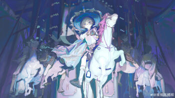 5boys aqua_cape armor belt black_belt black_bodysuit black_eyes black_footwear black_hair black_kimono black_rope black_shorts black_sleeves black_socks blue_hat bodysuit bow bridal_gauntlets cape carousel clone clothing_cutout dterl feathers full_body furisode genshin_impact grey_belt grey_bow grey_cape grey_sash grey_sleeves hand_up happy hat hat_tip highres horse horseback_riding japanese_armor japanese_clothes jingasa kariginu kimono kote kurokote layered_sleeves leg_warmers lofter_username looking_at_viewer looking_back mandarin_collar multiple_boys multiple_persona night okobo open_clothes open_kimono pants parted_lips platform_sandals pole pom_pom_(clothes) pouch riding rope sandals scaramouche_(genshin_impact) scaramouche_(kabukimono)_(genshin_impact) shadow short_sleeves shorts shoulder_cutout sidesaddle smile socks spotlight tassel toes vision_(genshin_impact) wanderer_(genshin_impact) white_horse white_kimono white_leg_warmers white_mouth white_pants white_sleeves yellow_feathers