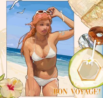 1girl adjusting_eyewear arm_tattoo armlet artist_name beach belly bent_over bikini bird blue_sky body_freckles bracelet brown_eyes coconut coconut_cup collage collage_background cowboy_shot donut earrings eyewear_on_head flower food freckles french_text hand_on_own_thigh highres jewelry looking_to_the_side map_(object) nami_(one_piece) navel ocean one_piece orange_hair outside_border panties pearl_earrings rabu99 seagull shoulder_freckles side-tie_panties sky sunglasses swimsuit tattoo thick_lips thong_bikini underwear white_bikini white_flower